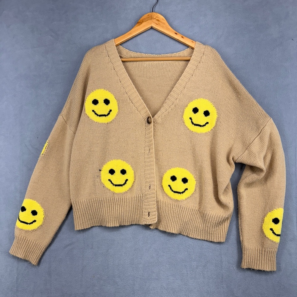 Tan V-Neck Sweater with Yellow Smiley Faces
